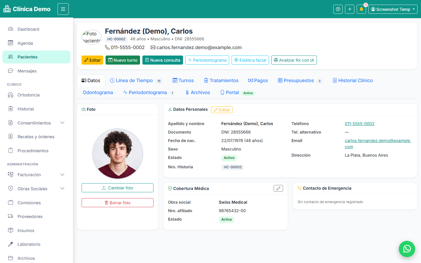 Ficha del paciente en VecDent, con acceso directo a turnos, historia clínica, periodontograma y estética facial