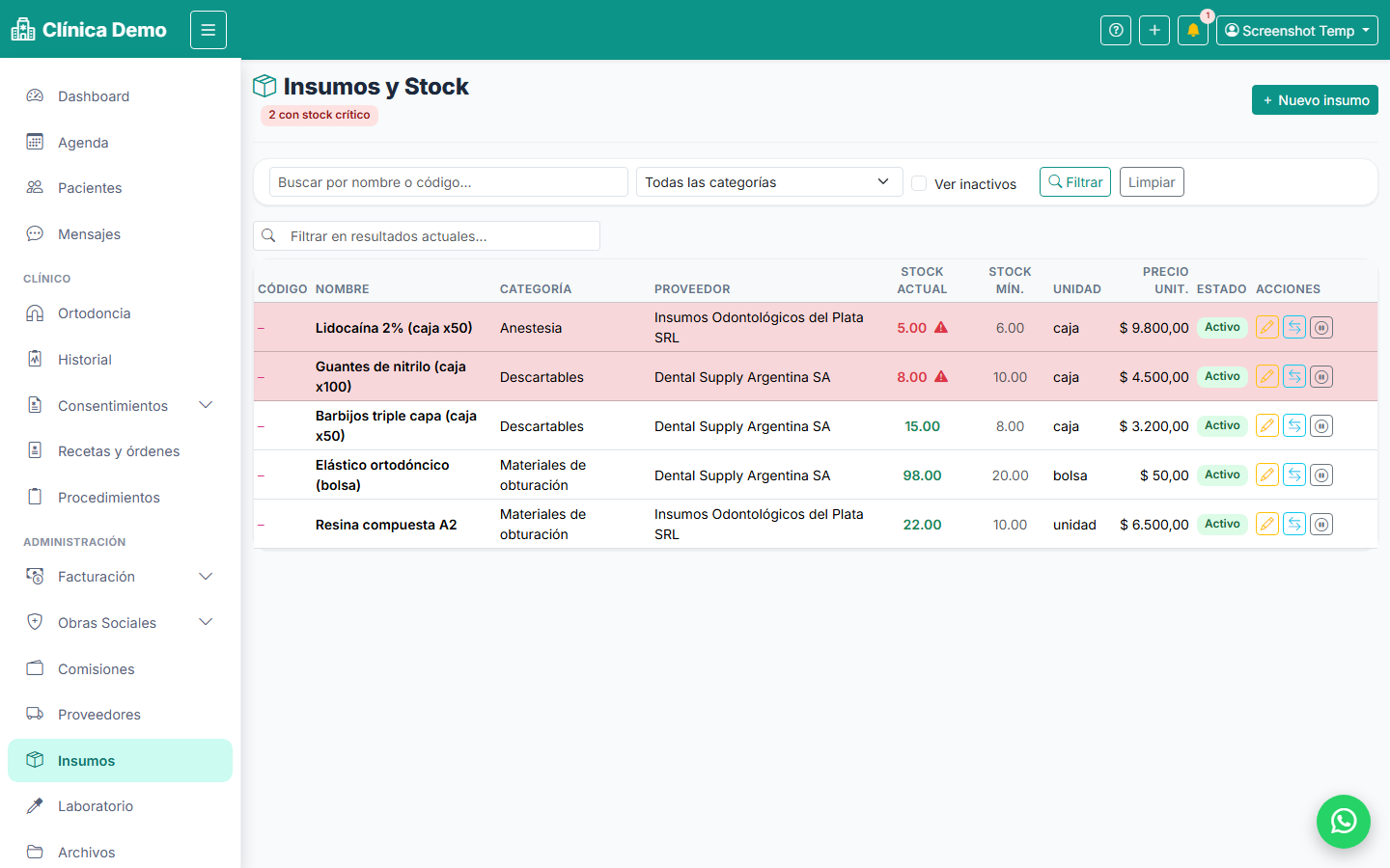 Listado de insumos y control de stock de VecDent