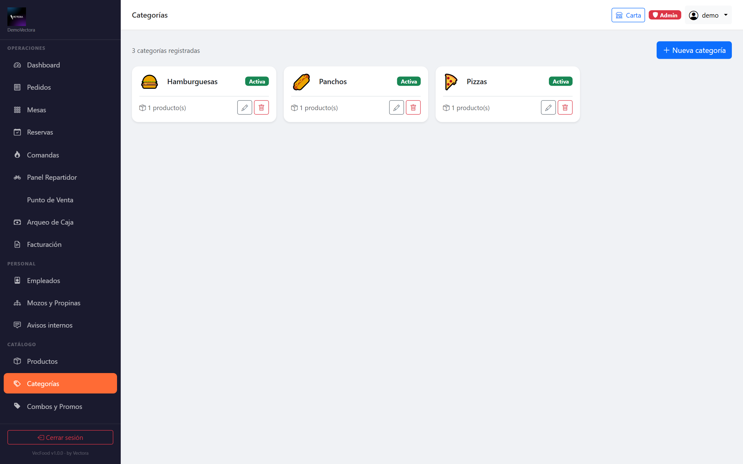Gestión de categorías del menú en VecFood