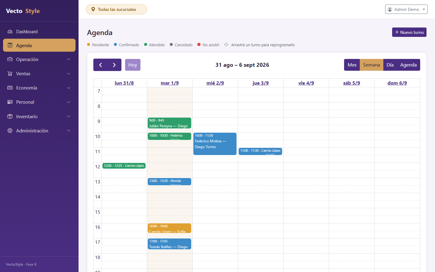 Agenda semanal de turnos de VecStyle con colores por estado