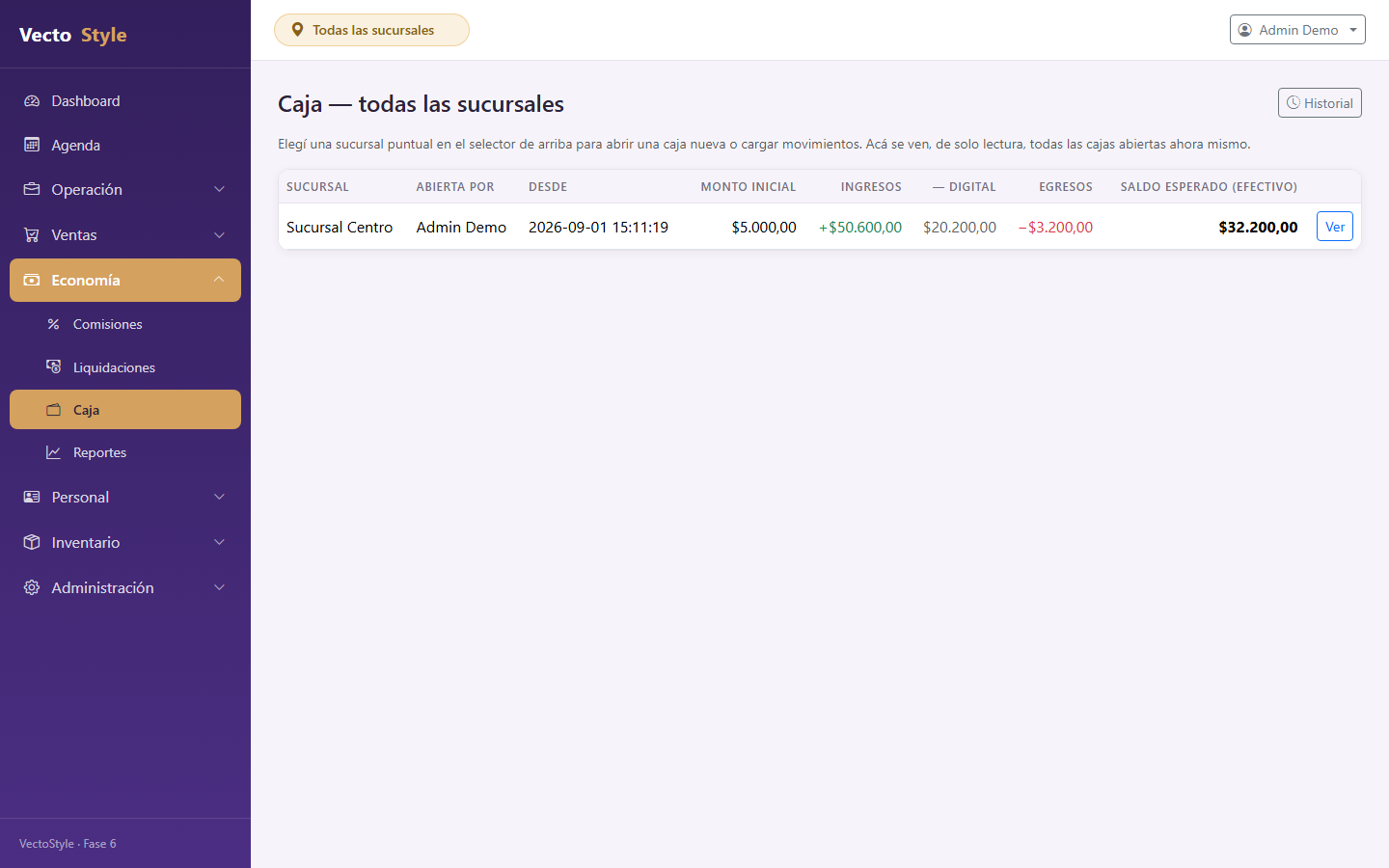 Control de caja por sucursal en VecStyle