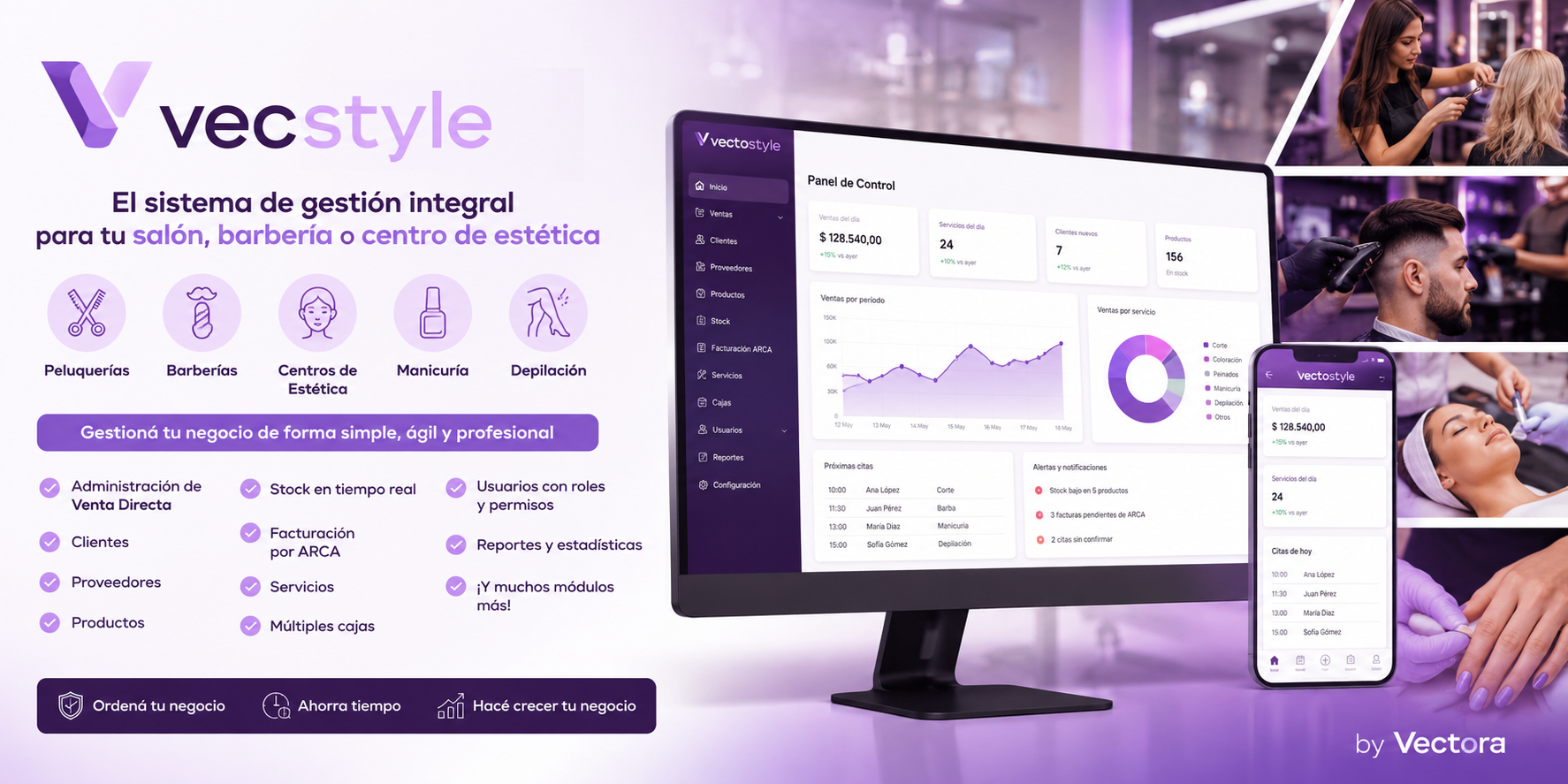 VecStyle: panel de control con ventas del día, servicios y próximas citas, en escritorio y celular