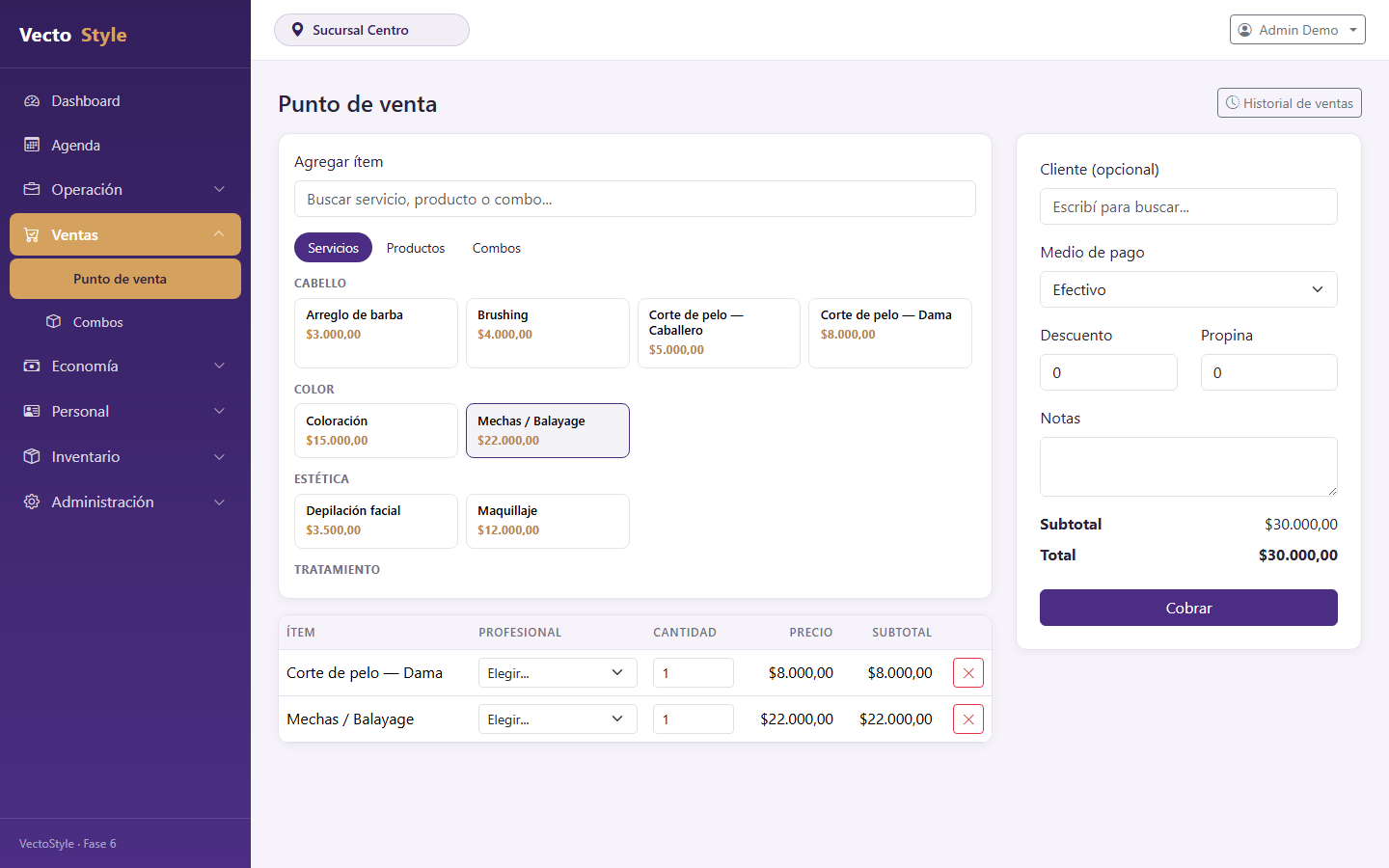 Punto de venta de VecStyle con servicios, carrito y medios de pago